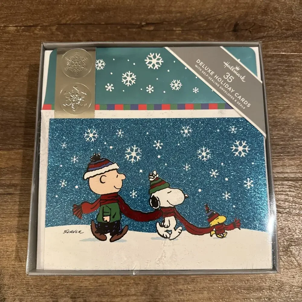 35 Hallmark Peanuts Glitter Christmas Cards Box Set Charlie Brown Snoopy READ